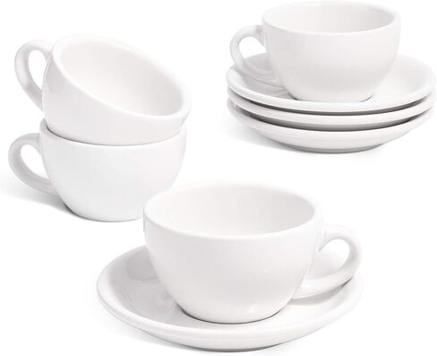 LE TAUCI 8 oz Cappuccino Cups with Saucers,Ceramic Large Coffee Cup for Au Lait, Double shot, Latte, Cafe Mocha, Tea - Set of 4, White in Kuwait