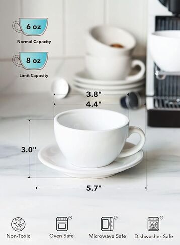 LE TAUCI 8 oz Cappuccino Cups with Saucers,Ceramic Large Coffee Cup for Au Lait, Double shot, Latte, Cafe Mocha, Tea - Set of 4, White in Kuwait