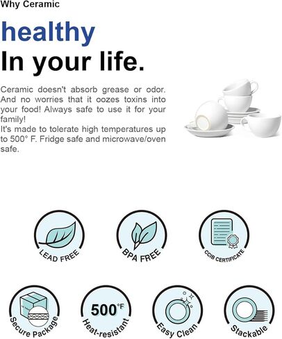 LE TAUCI 8 oz Cappuccino Cups with Saucers,Ceramic Large Coffee Cup for Au Lait, Double shot, Latte, Cafe Mocha, Tea - Set of 4, White in Kuwait