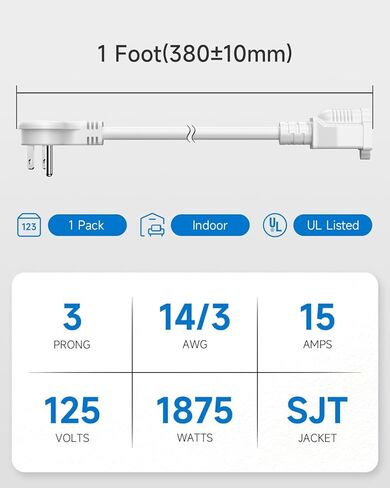 Flat Plug Short Power Extension Cord 1 Foot White 14 AWG 15A 1875W Low Profile 3-Prong Indoor Extension Cable (3 Pack) in Kuwait