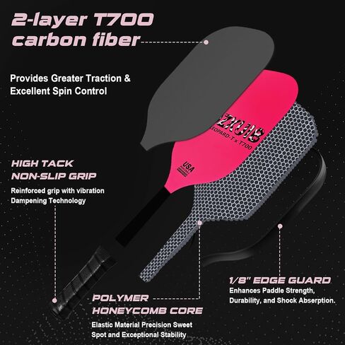 Pickleball Paddle ، T700 سطح ألياف الكربون الخام ، قلب البولي بروبيلين بيل بروبيلين 16 ، مصممة لدوران في نهاية المطاف والاتساق ، مجداف لطيف للمخلل للنساء والرجال (الوردي) in Saudi Arabia