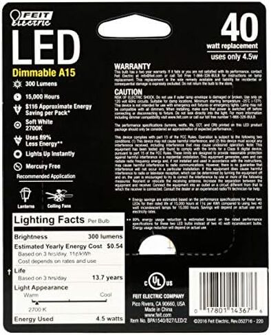 Feit Electric A15 LED LED LED BLOB ، 60 و WENTERANTALENT ، قابلة للضايق ، قاعدة E26 ، 2700 كيلو أبيض ناعم ، مصباح إديسون من الزجاج الصافي للمنزل ، المكتب ، عمر 13 عامًا ، BPA1560927CAFIL2RP/6 ، 12 حزمة in Kuwait