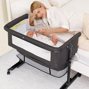 bassinet Baby ، 3 في 1 سرير سرير باسينيت نائم ، نائم بجانب الطول القابل للتعديل مع وضع هزاز ، شبكة تنفس ، سلة تخزين ، عجلات ، تجميع وسهولة للطي (رمادي)