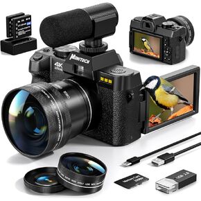 Mo Digital Cameras for Photography & 4K Video ، 48 P. progging camera for youtube مع شاشة 180 درجة ، Zoom الرقمية 16x ، فلاش وضبط تلقائي ، عدسة زاوية وعرضة 52 مم ، بطاريتين ، بطاقة 32 جيجابايت (أسود)