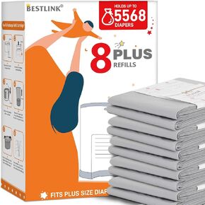 8 عبوات عبوات متوافقة مع Dekor Plus Diaper Pails | 20 ٪ بطول إضافي حفاضات تعبئة الأكياس تعيد الملء تحمل 5568 حفاضات | السيطرة على الرائحة في نهاية المطاف مع الطفل المعطر