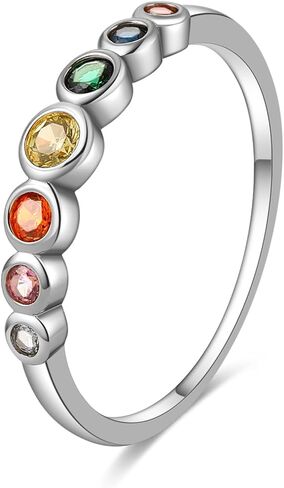 E 14K Gold Women Rings Rainbow Eternity Thumb Rings Band Wedding Rings Round AAA Cubic Zirconia CZ Rings Dainty Colorful Rings for Women in Kuwait