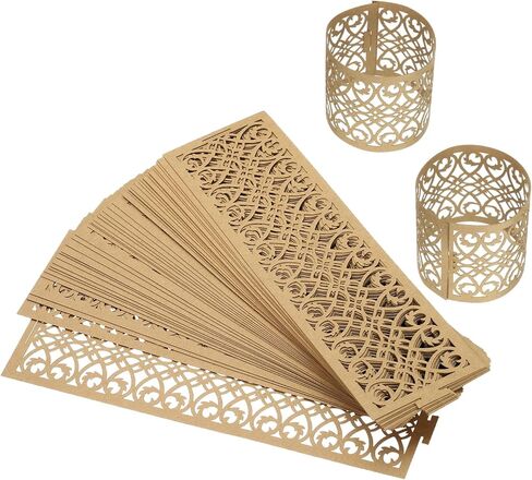 uxcell 50Pcs Napkin Rings Laser Cut Foil Paper, Napkin Holder Hollow Napkin Bands for Weddings Party Serviette Table Decoration Restaurant (Beige, 6.7 x 2) in Kuwait