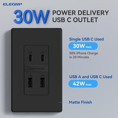 elegrp usb wall outlet ، 42W charge charge & power توصيل 42 شاحن USB 4 منافذ ، منفذ الجدار مع 4 منافذ USB ، ul/cul مدرجة ، لوحة الحائط ، حزمة واحدة ، أبيض غير لامع in Kuwait