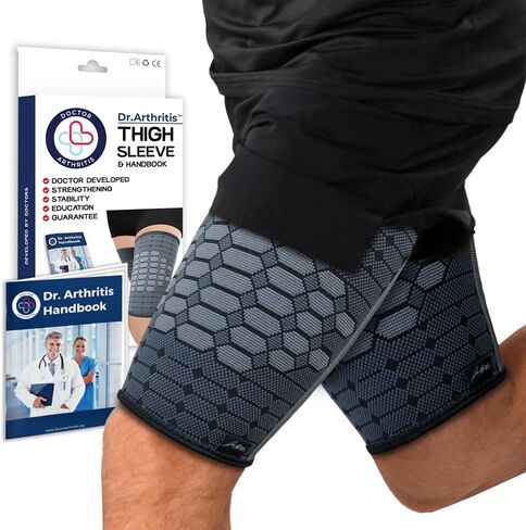 Dr. Arthritis Thigh Compression Sleeve, Non-Slip Thigh Wrap & Hamstring Brace, Comfy Groin Compression Wrap for Workout & Muscle Recovery, Hamstring Compression Sleeve for Men & Women (1 PR, MED, BLK) in Kuwait