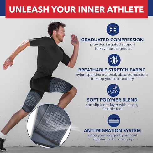 Dr. Arthritis Thigh Compression Sleeve, Non-Slip Thigh Wrap & Hamstring Brace, Comfy Groin Compression Wrap for Workout & Muscle Recovery, Hamstring Compression Sleeve for Men & Women (1 PR, MED, BLK) in Kuwait