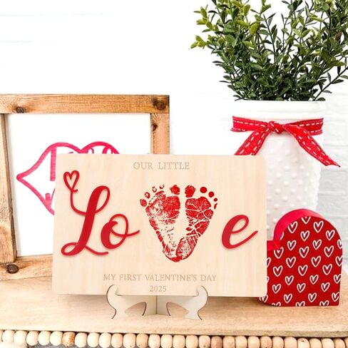 Valentine DIY Footprint Wooden Decoration, Hospital Birth Announcement Signs, Footprint Milestone Sign, My First Valentine's Day (Roses Valentines Day Footprint) in Kuwait