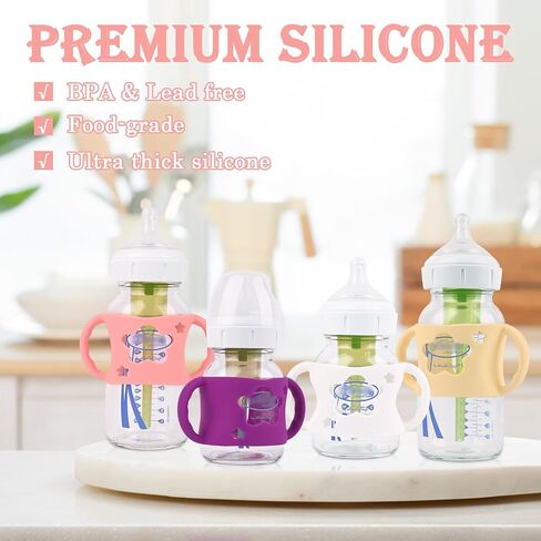 4 Pack Baby Bottle Handles, Silicone Bottle Handles for Dr Brown Wide-Neck Baby Bottles (White+Pink+Purple+Yellow) in Kuwait
