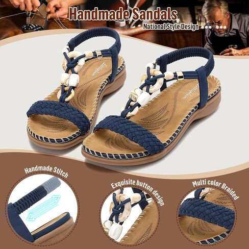 Littleplum Women Sandals Arch Support Handmade Bohemian Braided Flat Sandals Comfort Walking Beach Ankle Elastic Summer Shoes in Saudi Arabia