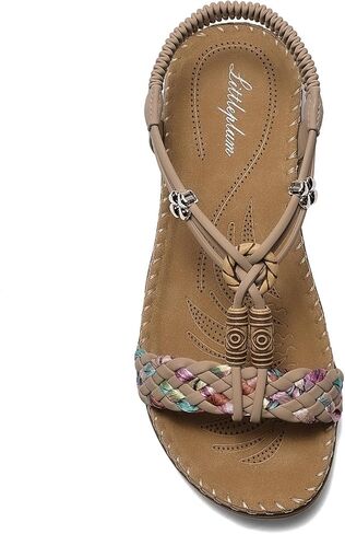 Littleplum Women Sandals Arch Support Handmade Bohemian Braided Flat Sandals Comfort Walking Beach Ankle Elastic Summer Shoes in Kuwait