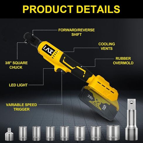 3/8 "Cordless Ratchet Wrchench متوافق مع بطارية DeWalt 20V Max ، 45 قدمًا 400 رطل 400 دورة في الدقيقة ، مجموعة Ratchet Electric ، مسبحة متغيرة السرعة ، محولات 1/4" ، 3 "شريط تمديد و 7 مآخذ (أداة فقط) in Kuwait