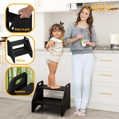 AMBIRD Toddler Step Stool, Dinosaur Step Stool for Kids with Non-Slip Pads, Wooden Two Step Stool, Portable Potty Training Stool with Handles for Bathroom, Sink, Kitchen, Bedroom in Kuwait