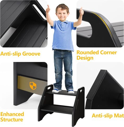 AMBIRD Toddler Step Stool, Dinosaur Step Stool for Kids with Non-Slip Pads, Wooden Two Step Stool, Portable Potty Training Stool with Handles for Bathroom, Sink, Kitchen, Bedroom in Kuwait