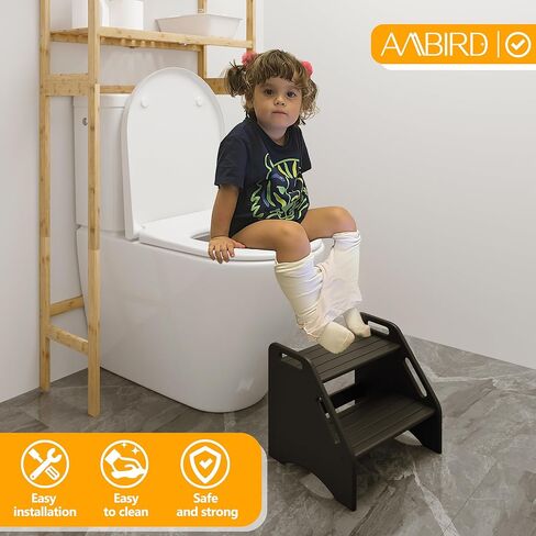 AMBIRD Toddler Step Stool, Dinosaur Step Stool for Kids with Non-Slip Pads, Wooden Two Step Stool, Portable Potty Training Stool with Handles for Bathroom, Sink, Kitchen, Bedroom in Kuwait