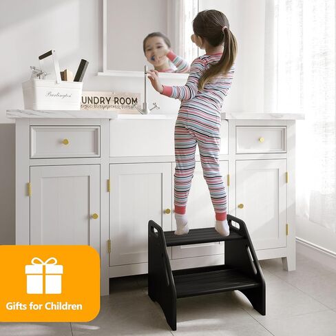 AMBIRD Toddler Step Stool, Dinosaur Step Stool for Kids with Non-Slip Pads, Wooden Two Step Stool, Portable Potty Training Stool with Handles for Bathroom, Sink, Kitchen, Bedroom in Kuwait