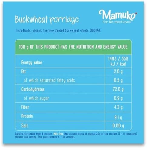 Mamuko Baby Porridge - عصيدة الحنطة السوداء مع عصيدة خالية من الكائنات المعدلة وراثيا - العصيدة العضوية للنمو الصحي والتنمية - عصيدة نباتية مثالية للأطفال من 6 إلى 9 أشهر - (200 جم و 10 حصص) in Saudi Arabia