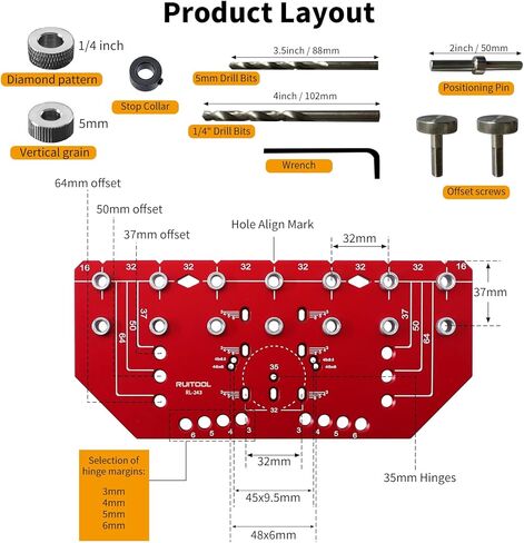 Ruitool Shelf Pin Jig 11 ثقوب ، وظيفة التثبيت المستقلة جميعها بصيقة حفر الدبوس المعدنية مع 1/4 "و 5 ملم الحفر ، رقصة ثقب الجرف ودليل أدوات الأدوات لأجهزة الخزانة مع حقيبة تخزين in Kuwait