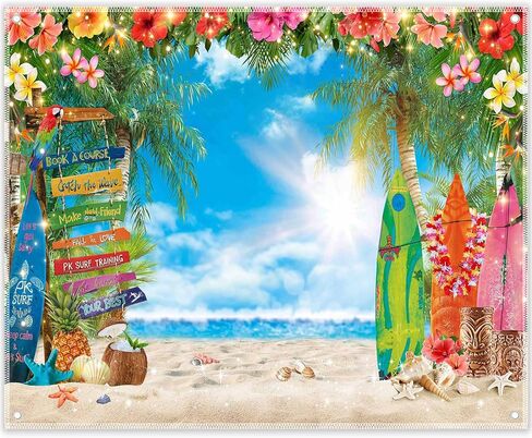 7x5ft Summer Hawaiian Beach Photography Tropical Luau Backdrop | Flower Palm Leaves Background, Aloha Party Supplies, Surfboard Banner, Holiday Photo Booth, Polyester, Grommets, 1PC in Saudi Arabia