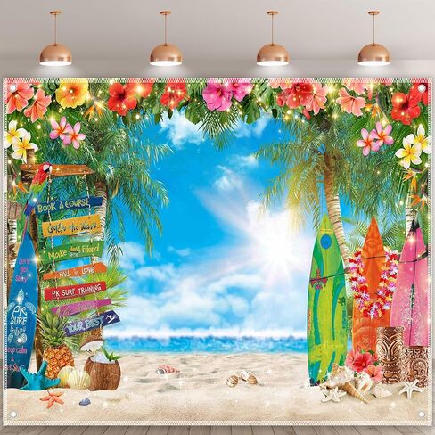 7x5ft Summer Hawaiian Beach Photography Tropical Luau Backdrop | Flower Palm Leaves Background, Aloha Party Supplies, Surfboard Banner, Holiday Photo Booth, Polyester, Grommets, 1PC in Saudi Arabia