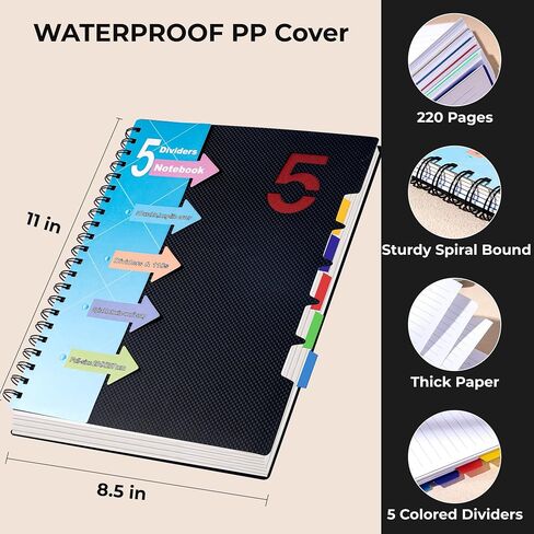 CAGIE 5 Subject Notebook with Dividers Spiral Notebooks 8.5 x 11 with Tabs Hardcover A4 Spiral Bound Journal for School Note Taking Work Organization, 220 Pages, Black in Kuwait