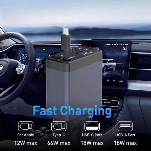 Retractable Car Charger, 4 in 1 Fast Car Phone Adapter 66W, Retractable Cables and USB Car Charger,Compatible with iPhone 15/14/13/12/11/10,iPad,Galaxy and Multiple Devices,Pixel(Charger and Cables) in Saudi Arabia