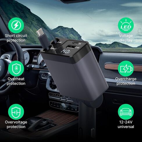 Retractable Car Charger, 4 in 1 Fast Car Phone Adapter 66W, Retractable Cables and USB Car Charger,Compatible with iPhone 15/14/13/12/11/10,iPad,Galaxy and Multiple Devices,Pixel(Charger and Cables) in Saudi Arabia