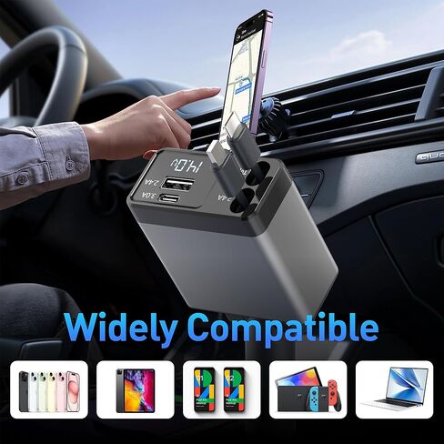 شاحن سيارة قابل للسحب، محول هاتف سيارة سريع 4 في 1 بقدرة 66 وات، كابلات قابلة للسحب وشاحن سيارة USB، متوافق مع iPhone 15/14/13/12/11/10، وiPad، وGalaxy وأجهزة متعددة، وبكسل (الشاحن والكابلات) in Kuwait