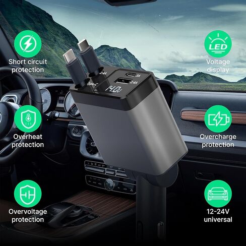 شاحن سيارة قابل للسحب، محول هاتف سيارة سريع 4 في 1 بقدرة 66 وات، كابلات قابلة للسحب وشاحن سيارة USB، متوافق مع iPhone 15/14/13/12/11/10، وiPad، وGalaxy وأجهزة متعددة، وبكسل (الشاحن والكابلات) in Kuwait