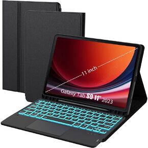 for Samsung Galaxy Tab S9 11 inch/ S9 FE 10.9 inch Case with Keyboard - 7 Color Backlit Detachable Tablet Keyboard Cover with Touchpad - Tab S9 11" / S9 FE 2023 Keyboard Case with S Pen Holder Black