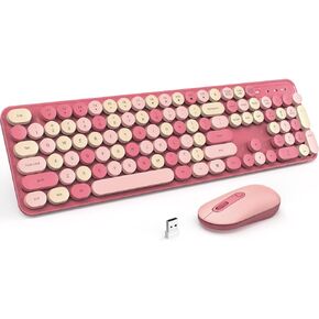 Wireless Keyboard and Mouse, Silent Keyboard Mouse Combo, Full-Sized Colorful Typewriter Keyboard with Round Keycaps, 2.4G Cute Mouse Compatible with PC/Laptop/Computer(Rose Pink)
