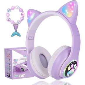 Wireless Cat Ear Headphones for Kids, LED Light Up Kids Girls Bluetooth Headphones with Microphone for School/Travel/Sports/Gaming/Gifts/Christmas (Purple)