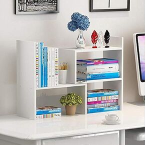 Expandable Wood Desktop Bookshelf, Desktop Organizer Office Storage Rack, Free Style Rotation Display Shelf, Adjustable Desk Hutch Corner Desk Storage Shelf, Home Decor (White)