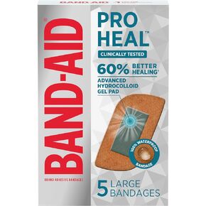 Band-Aid Brand Pro Heal Adhesive Bandages with Hydrocolloid Gel Pads, Large Clinically Tested Waterproof Bandages for Better Healing of Minor Wounds, Sterile First Aid Bandages, 5 ct