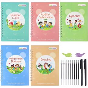 5 Pcs Grooved Handwriting Book Practice, Magical Tracing Workbook Set with Pen Grips & Disappearing Ink, Reusable Groove Calligraphy, Writing Magic Copybook for Preschool Age 3-10 (1)
