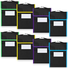 Large Book Pouches Nylon Fabric Book Bag with Stitched on Handle and Clear Name Tag Pocket Neon Color Trims Black Reading Bags for Classroom Student Homework Reading Supplies, 15 x 12 Inch (16 Pcs)