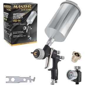 Master Elite High Performance PRO-44 Series HVLP Spray Gun with 1.3mm Tip with Air Pressure Regulator Gauge - Ideal for Automotive Basecoats, Clearcoats - Advanced Atomization Technology in Kuwait