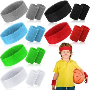 Hungdao 6 Set Kid Sweatband Headband Wristband Set Colorful Athletic Sweat Band Tennis Wristband Sweat Absorbing Head Band for Girl Boy Women Men Sports Basketball Workout in Kuwait