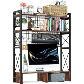 رف كتب كبير من الخشب والمعدن، أرفف كتب أفقية مقاس 29.1 × 9.4 × 35.4 بوصة، منظم رف عرض خشبي متعدد الأغراض من 3 طبقات لمكتب الكمبيوتر مع 8 خطافات لخزانة الكتب الصناعية in Kuwait