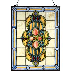 Bieye W10030 Victorian Tiffany Style Stained Glass Window Panel Hangings with Chain, 18" W x 25" H