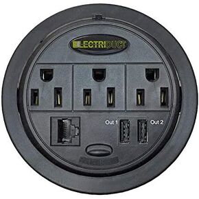 Power Tap Grommet with Hidden Power Center w/ 3 Power & 2 CAT6 - Black (Pack of 2)