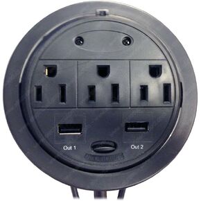 Power Tap Grommet with Hidden Power Center w/ 3 Power & 2 CAT6 - Black (Pack of 2)