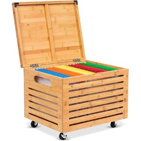 BirdRock Home Rolling File Storage Organizer Box with Lid (NEW VERSION) - Bamboo - Decorative Wood Hanging Filing & Storage Office Box - Letter/Legal - Strong Durable - Toys Blankets Binders - Natural