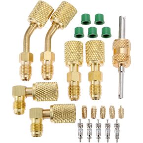 Aupoko R410A Charging Vacuum Port Adapter Kit, 2PC 45 Degree Angled and 90 Degree Charging Vacuum Adapters, 2PC R410A Straight Swivel Adapters, 5/16" Female to 1/4" Male Flare for Mini Split System