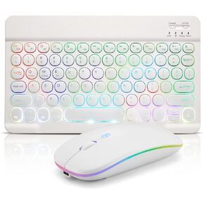 Bluetooth Keyboard and Mouse Combo for iPad - Rechargeable Wireless Keyboard & Mouse with 7-Color Backlit Compatible with iPad 9th/8th Gen, iPad Pro/Air/Mini, iPhone14/13/12 Pro, Round Keys White