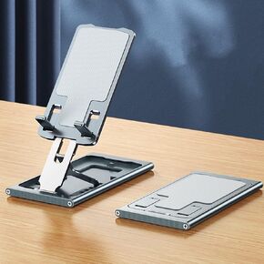 Foldable Cell Phone Stand Height Angle Adjustable Aluminum Desktop Phone Holder Cradle Dock Pocket Portable Mount for iPhone, Samsung Galaxy, iPad Mini, Tablets Up to 12" (Grey)