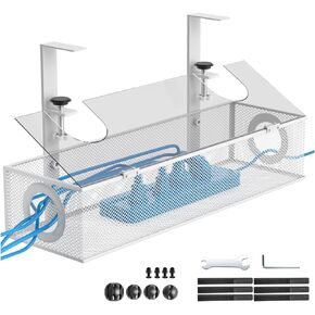 Under Desk Cable Management Tray No Damage No Drill to Desk Under Desk Cable Management Box with Lid Metal Mesh Cable Management with Clamp Mount （Black）